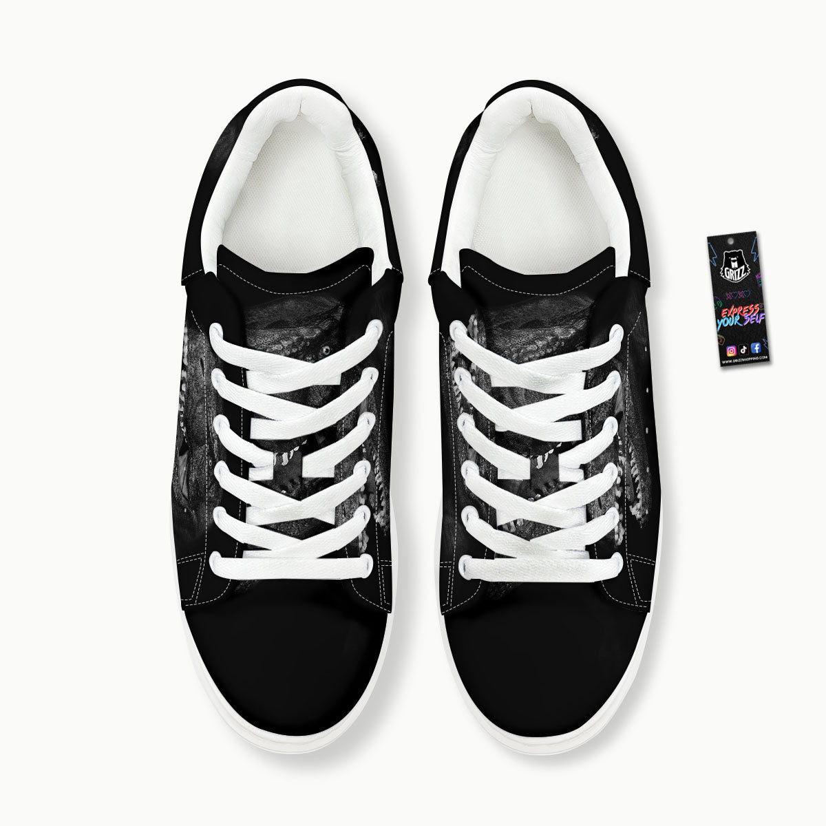 T-Rex Dinosaur White And Black Print Platform Shoes-grizzshop