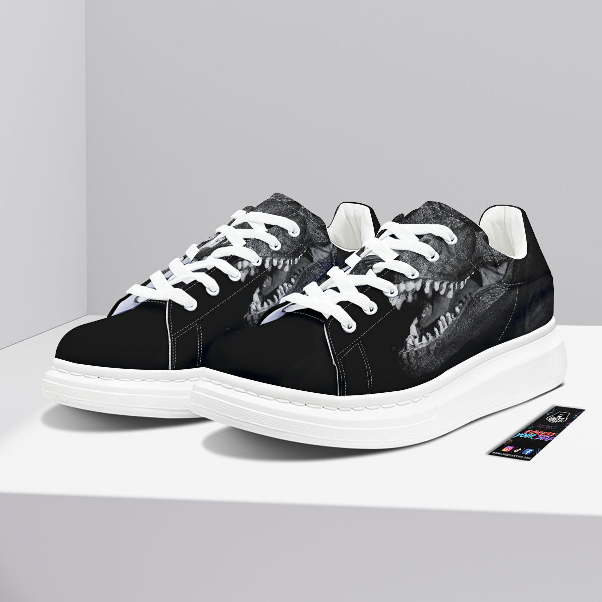 T-Rex Dinosaur White And Black Print Platform Shoes-grizzshop