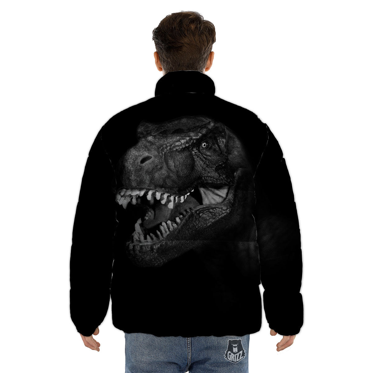 T-Rex Dinosaur White And Black Print Puffer Jacket-grizzshop