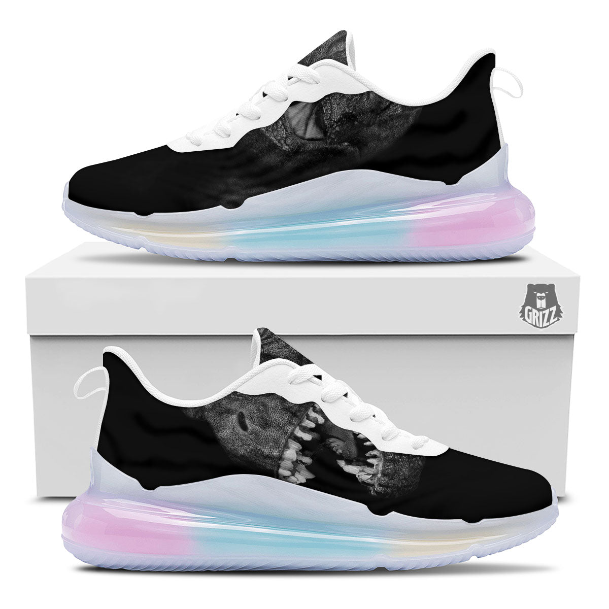 T-Rex Dinosaur White And Black Print Running Sneakers-grizzshop