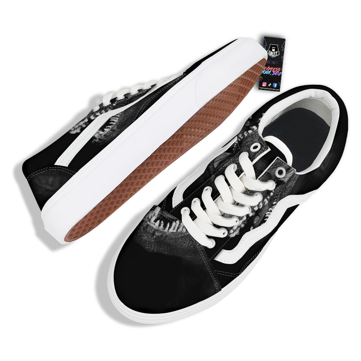 T-Rex Dinosaur White And Black Print Skate Shoes-grizzshop