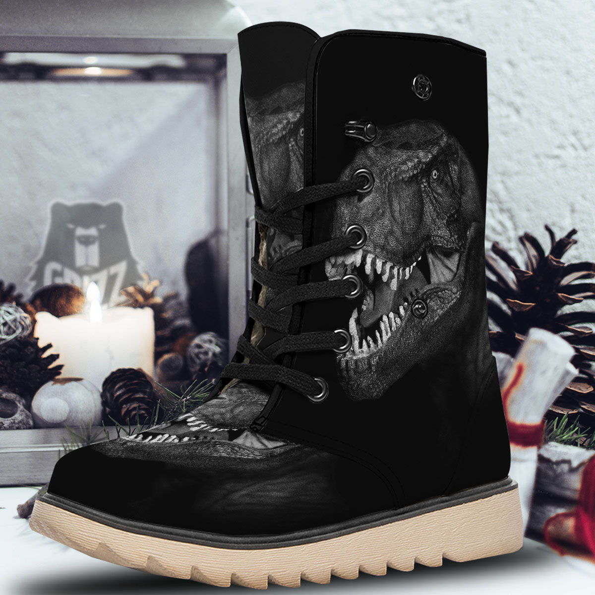 T-Rex Dinosaur White And Black Print Snow Boots-grizzshop