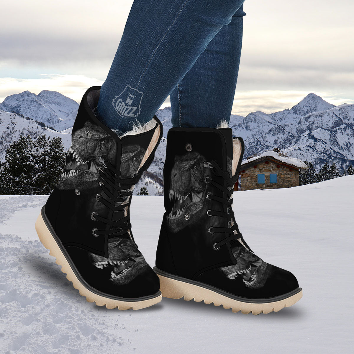 T-Rex Dinosaur White And Black Print Snow Boots-grizzshop