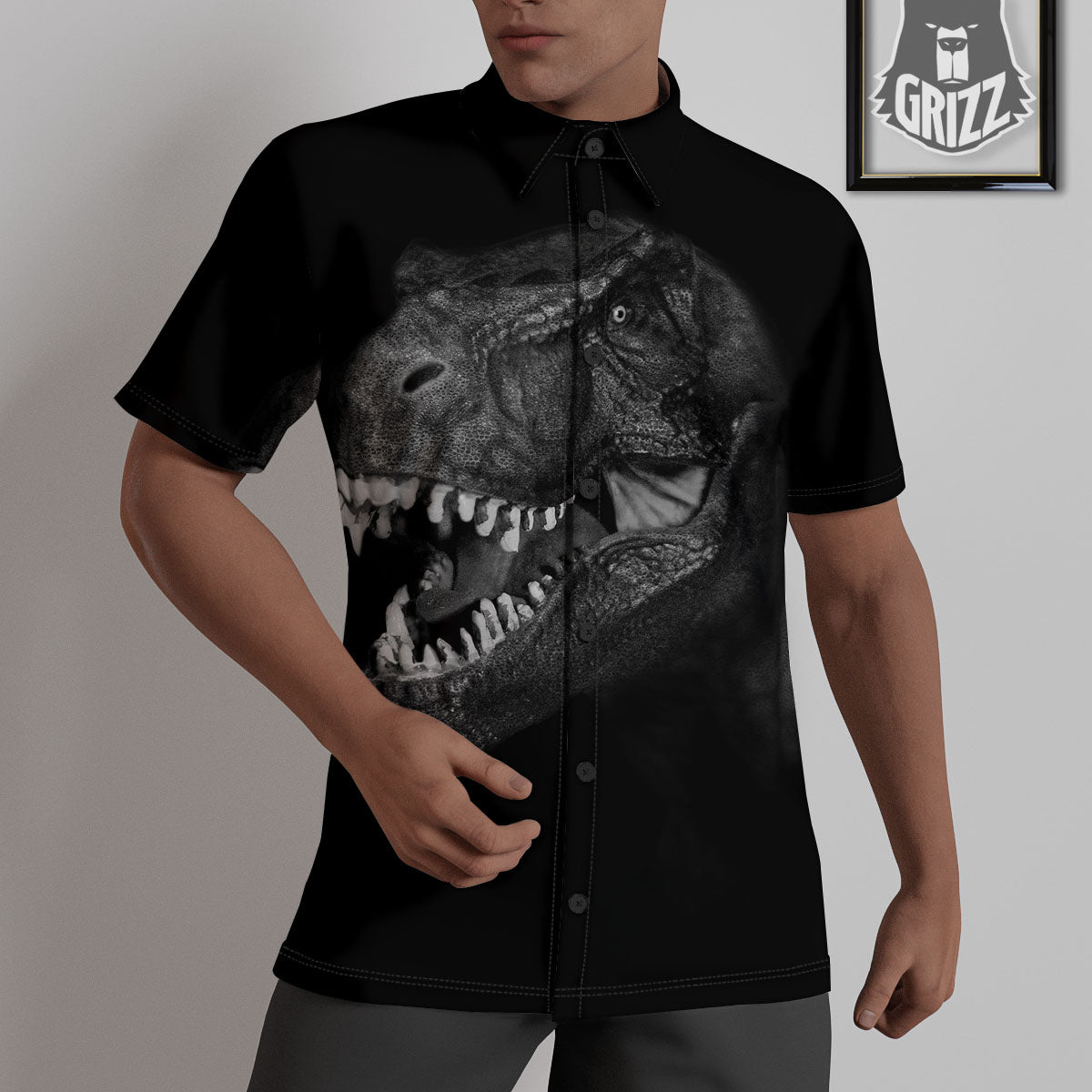 T-Rex Dinosaur White And Black Print Untucked Shirts-grizzshop
