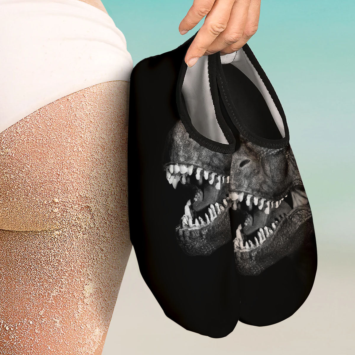 T-Rex Dinosaur White And Black Print Water Shoes-grizzshop