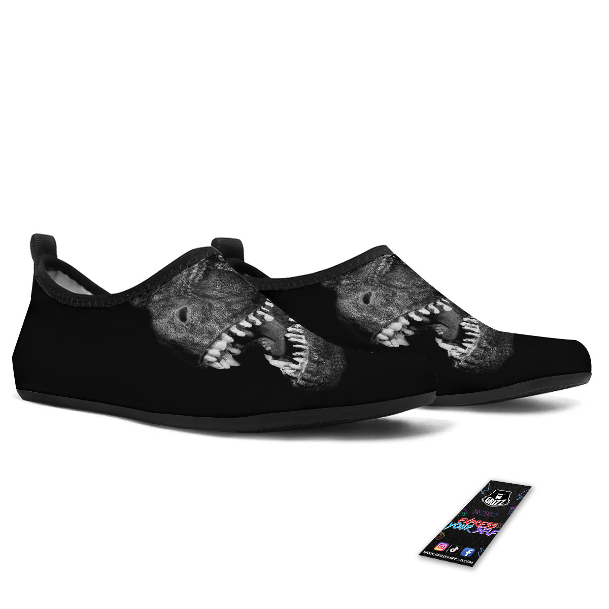 T-Rex Dinosaur White And Black Print Water Shoes-grizzshop