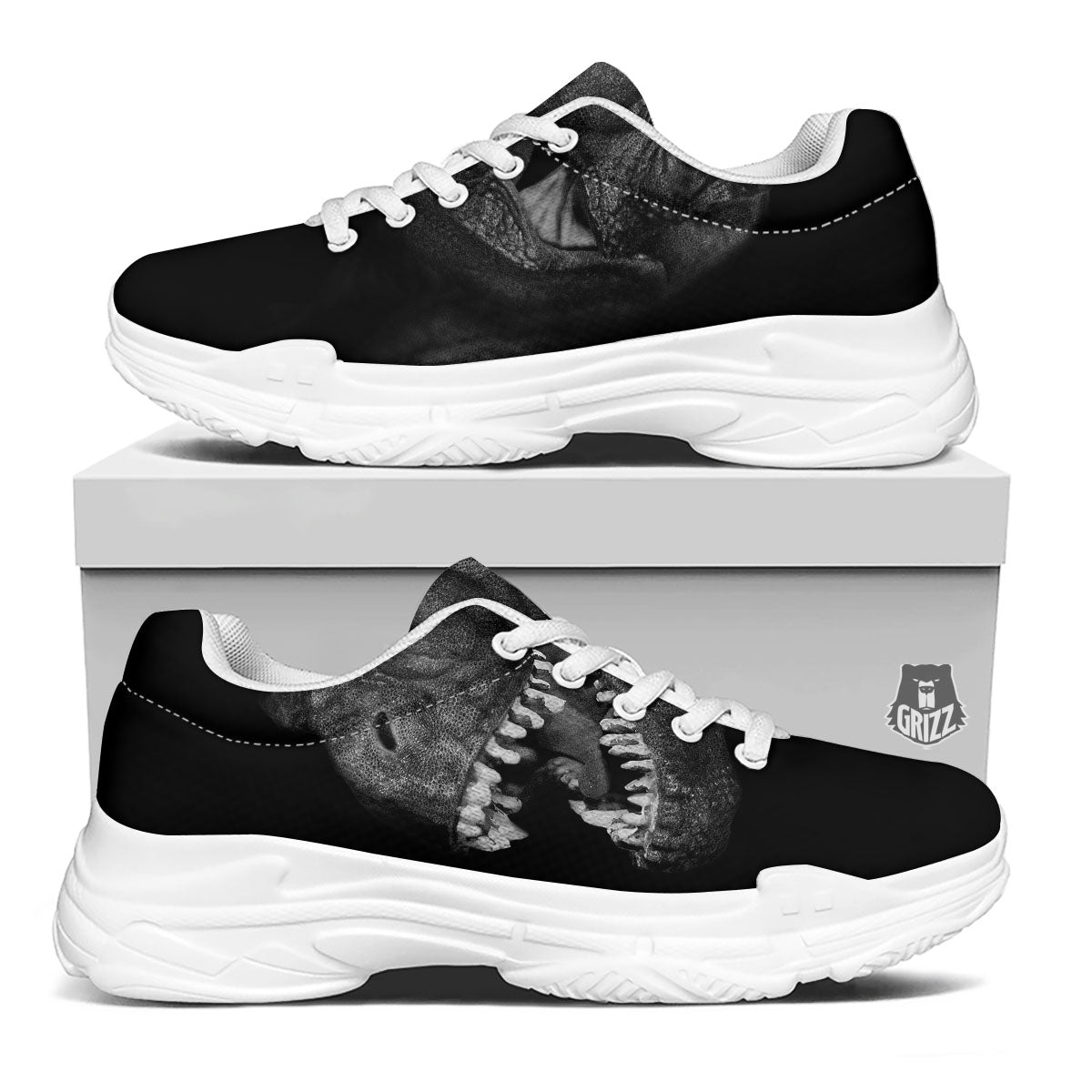 T-Rex Dinosaur White And Black Print White Chunky Shoes-grizzshop
