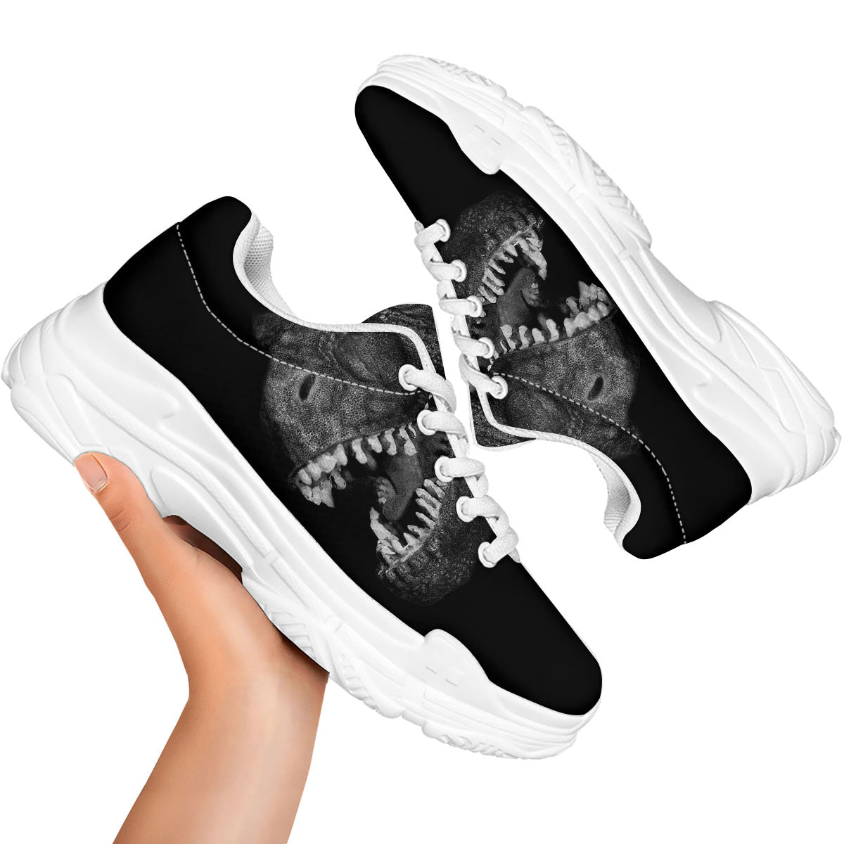 T-Rex Dinosaur White And Black Print White Chunky Shoes-grizzshop