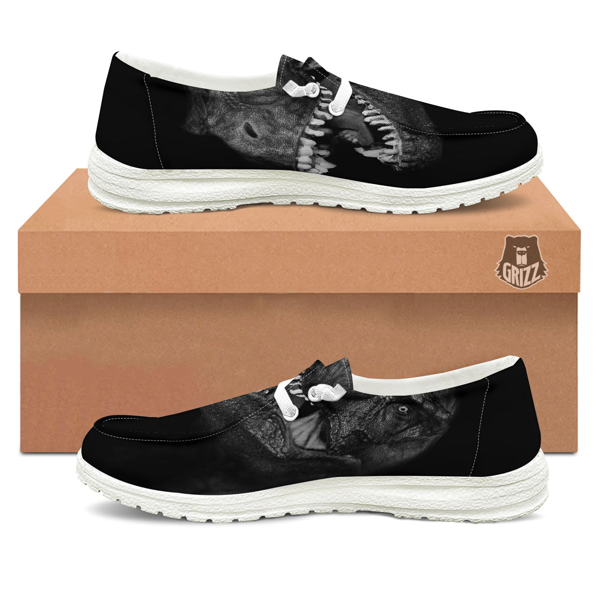 T-Rex Dinosaur White And Black Print White Loafers-grizzshop