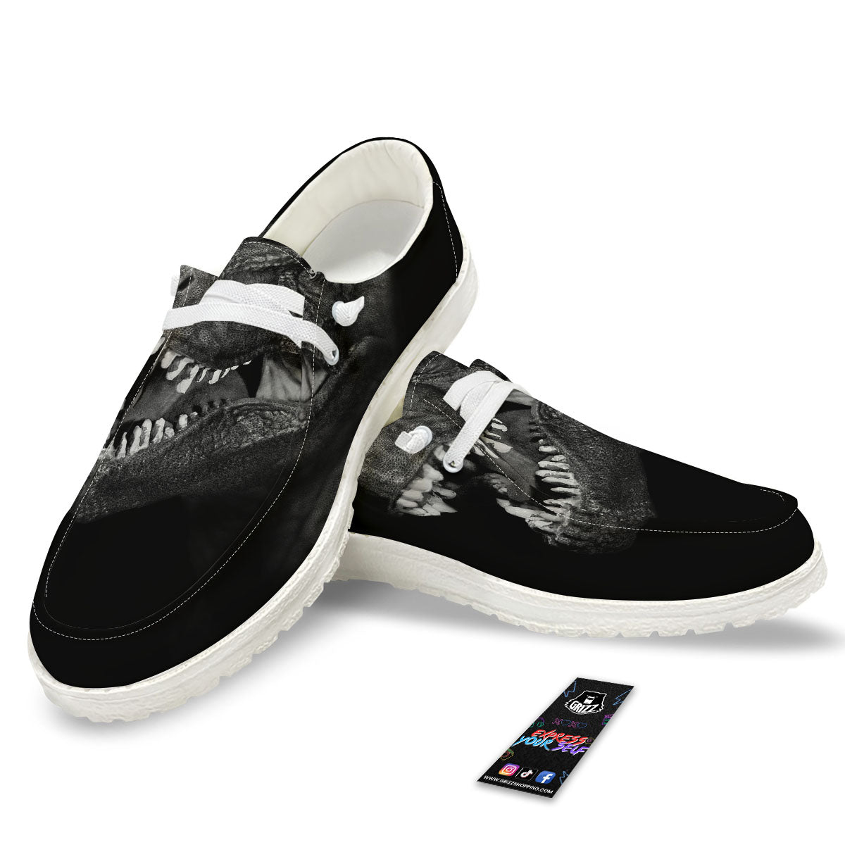 T-Rex Dinosaur White And Black Print White Loafers-grizzshop