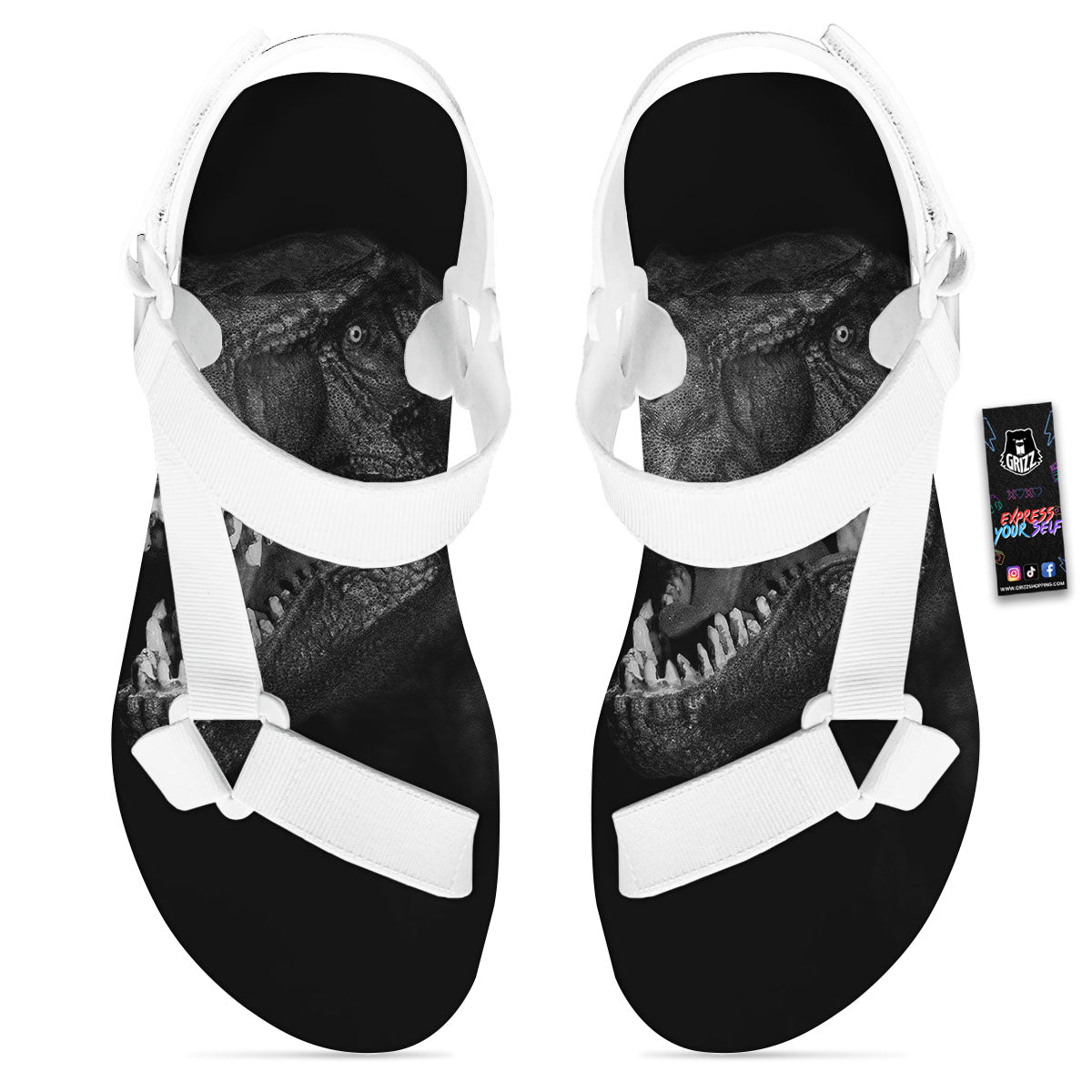T-Rex Dinosaur White And Black Print White Open Toe Sandals-grizzshop