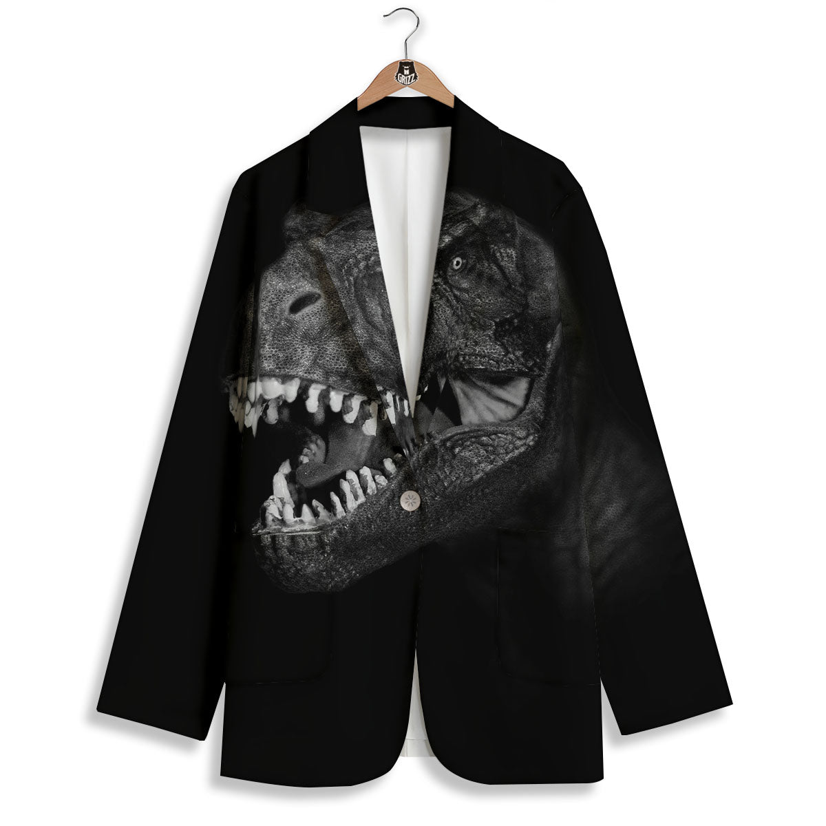T-Rex Dinosaur White And Black Print Women's Blazer-grizzshop