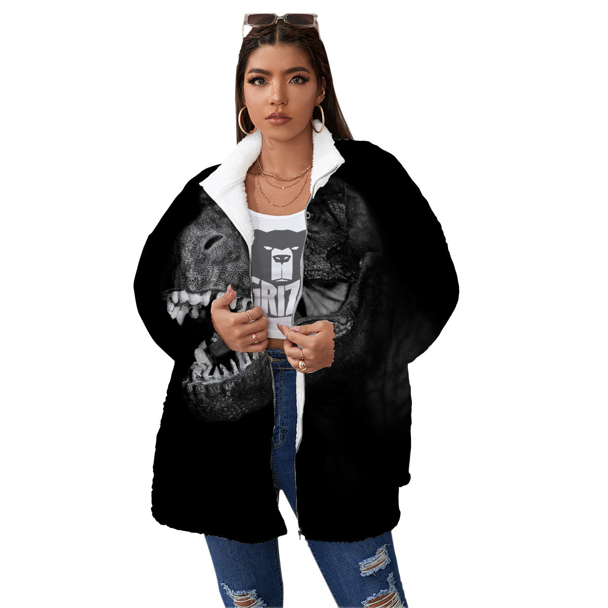 T-Rex Dinosaur White And Black Print Women's Sherpa Jacket-grizzshop