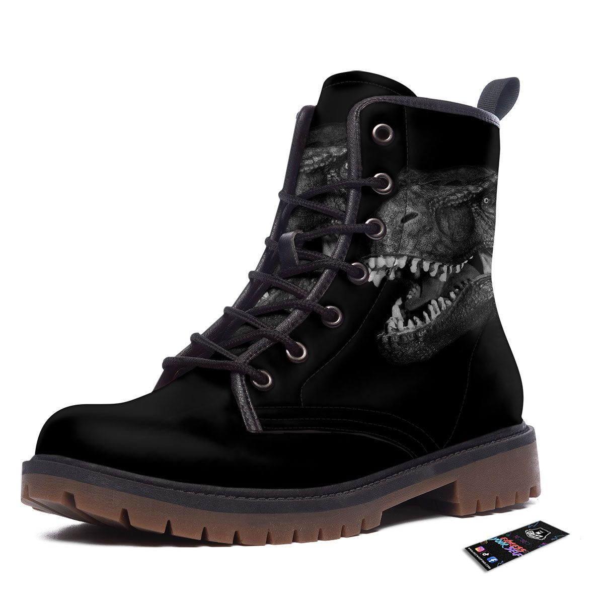 T-Rex Dinosaur White And Black Print Work Boots-grizzshop