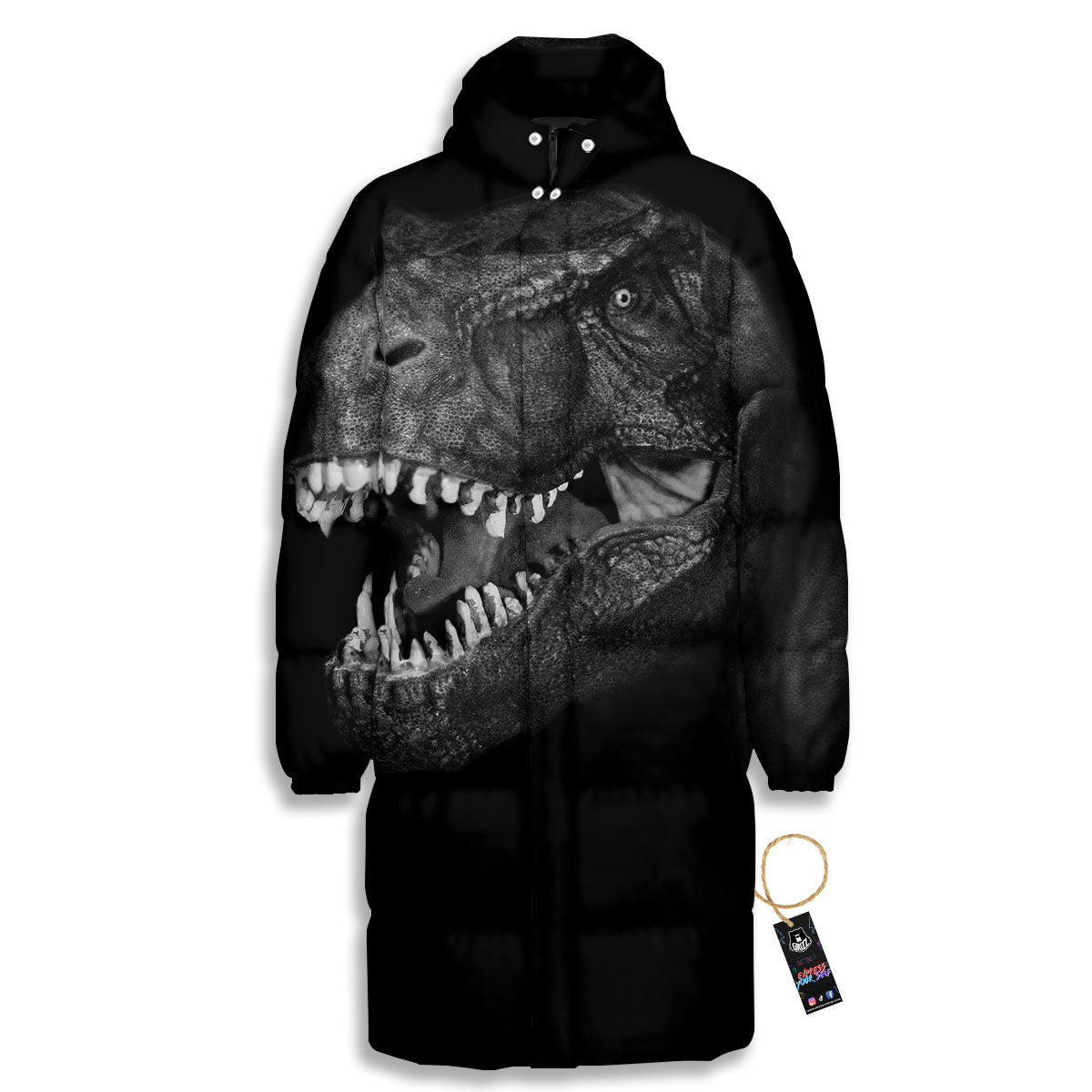 T-Rex Dinosaur White And Black Print Long Down Jacket