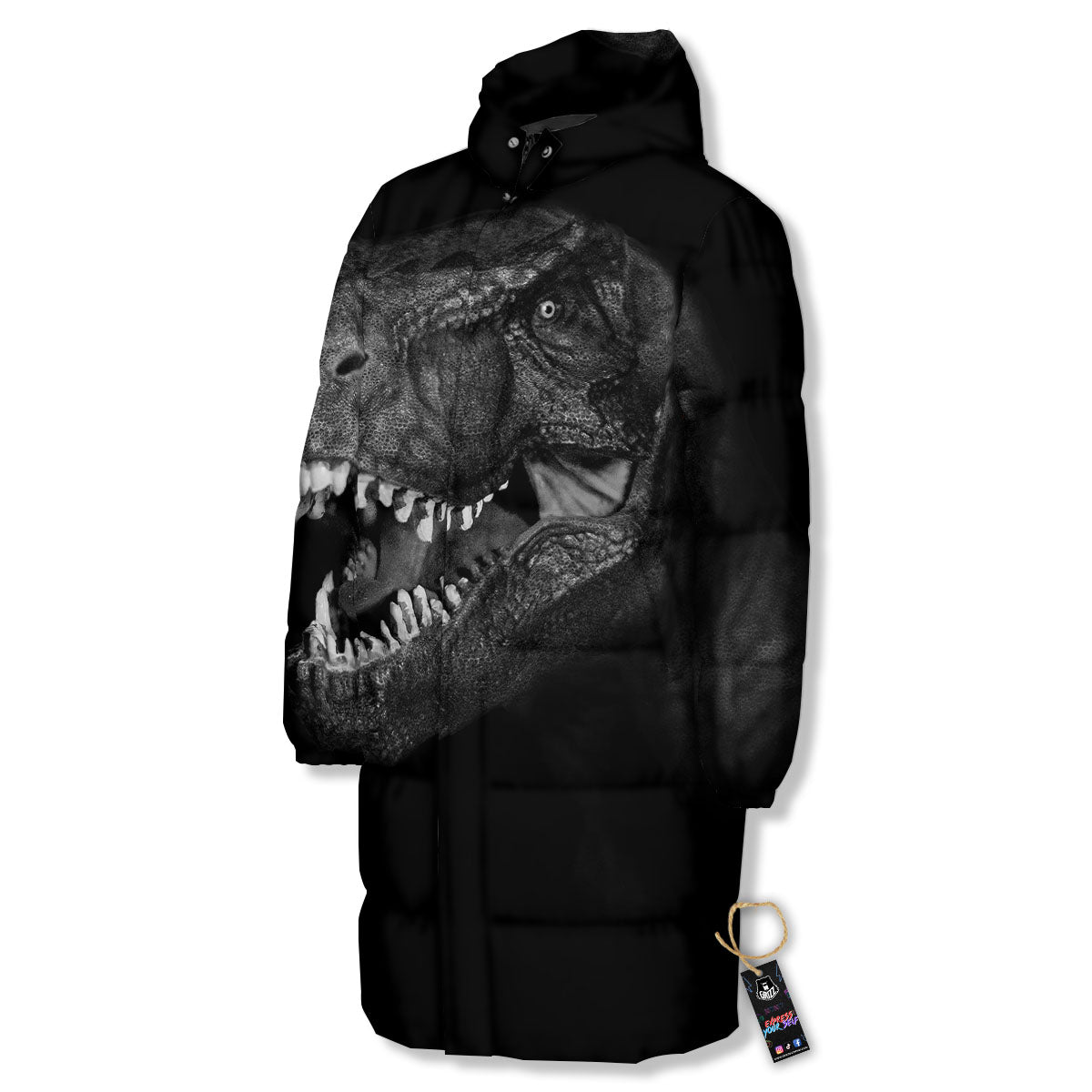 T-Rex Dinosaur White And Black Print Long Down Jacket
