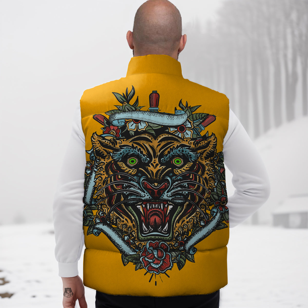 Tiger Head Tattoo Print Down Vest