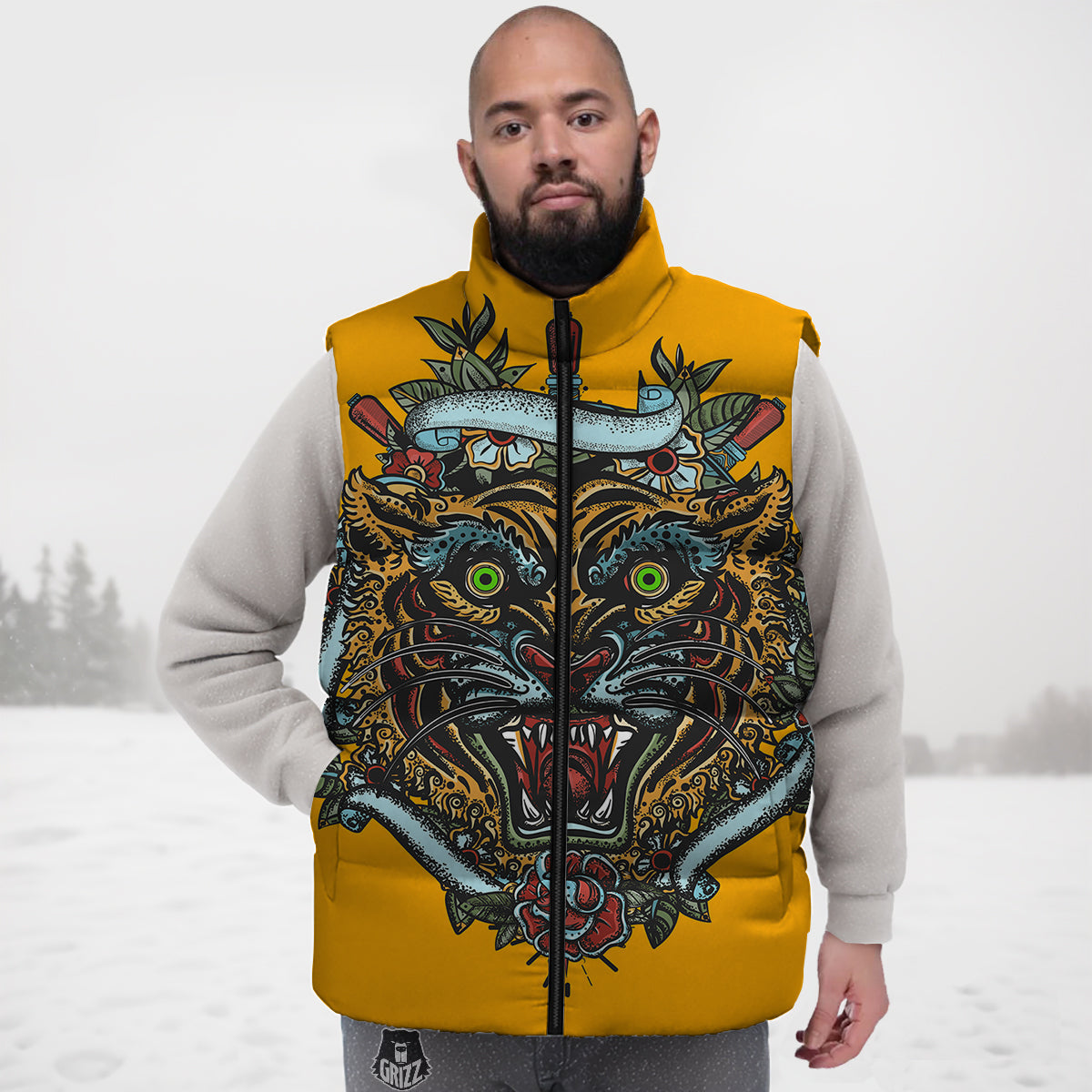 Tiger Head Tattoo Print Down Vest