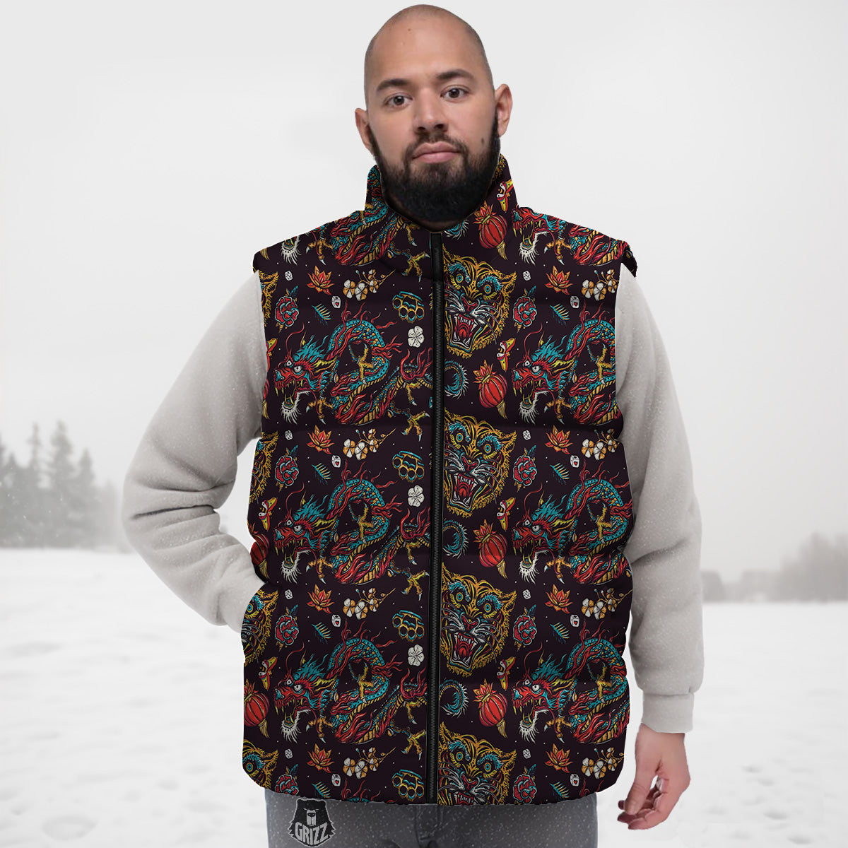 Tigers And Dragons Colorful Tattoo Print Pattern Down Vest
