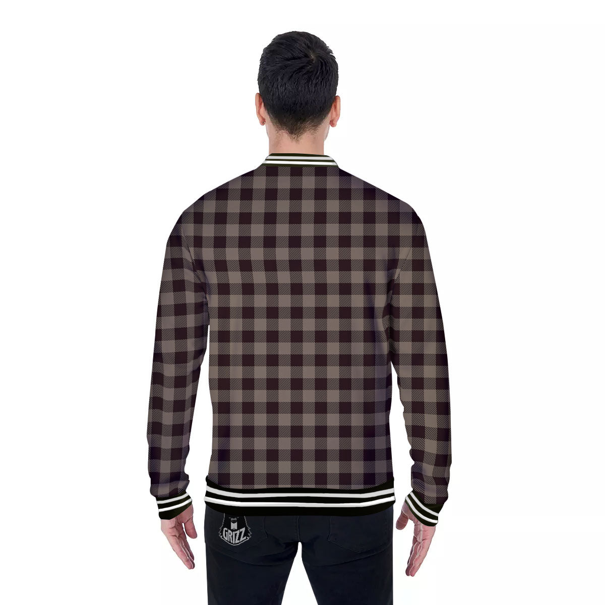Tan Dark And Black Check Print Pattern Baseball Jacket-grizzshop