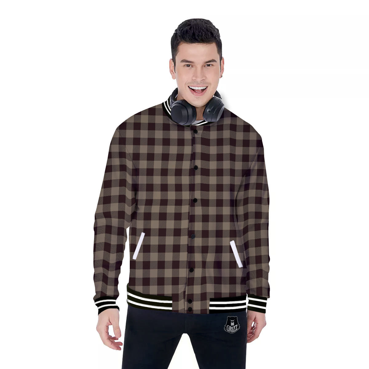Tan Dark And Black Check Print Pattern Baseball Jacket-grizzshop