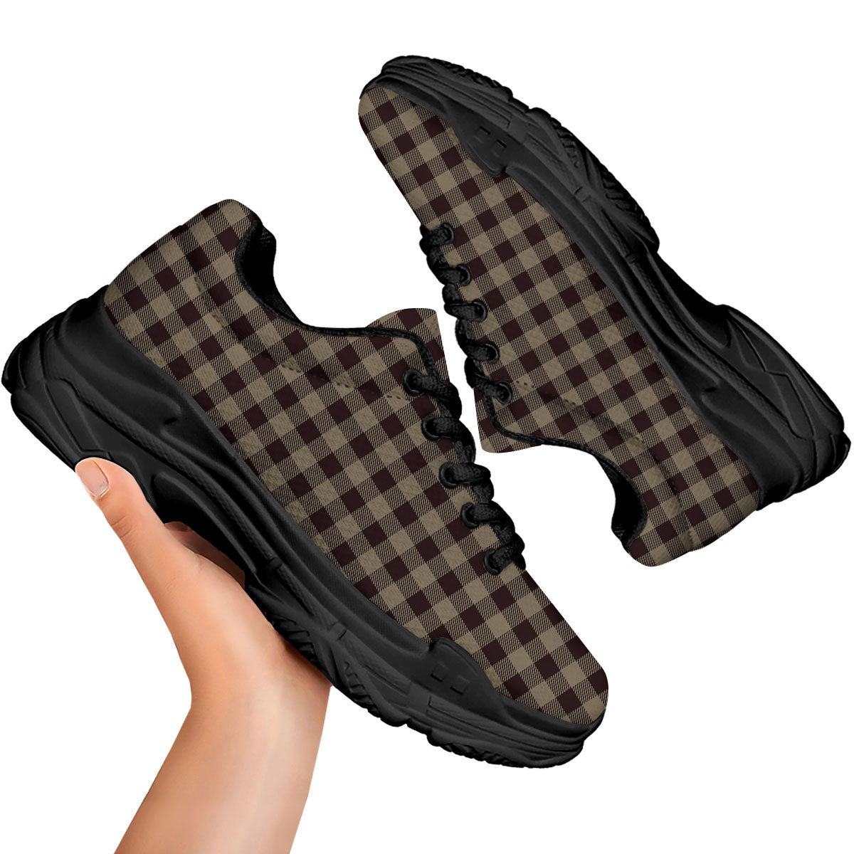 Tan Dark And Black Check Print Pattern Black Chunky Shoes-grizzshop