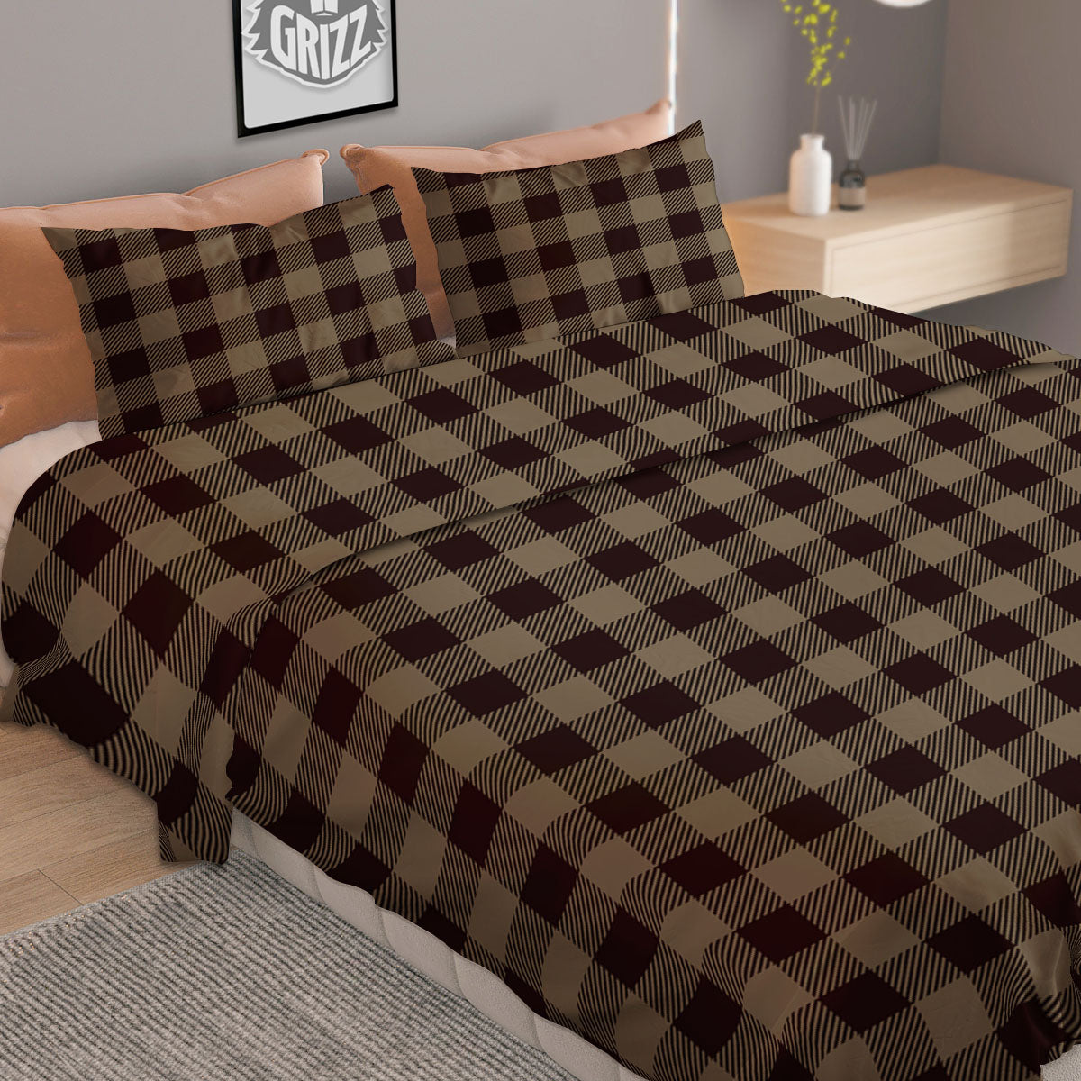 Tan Dark And Black Check Print Pattern Duvet Cover Bedding Set