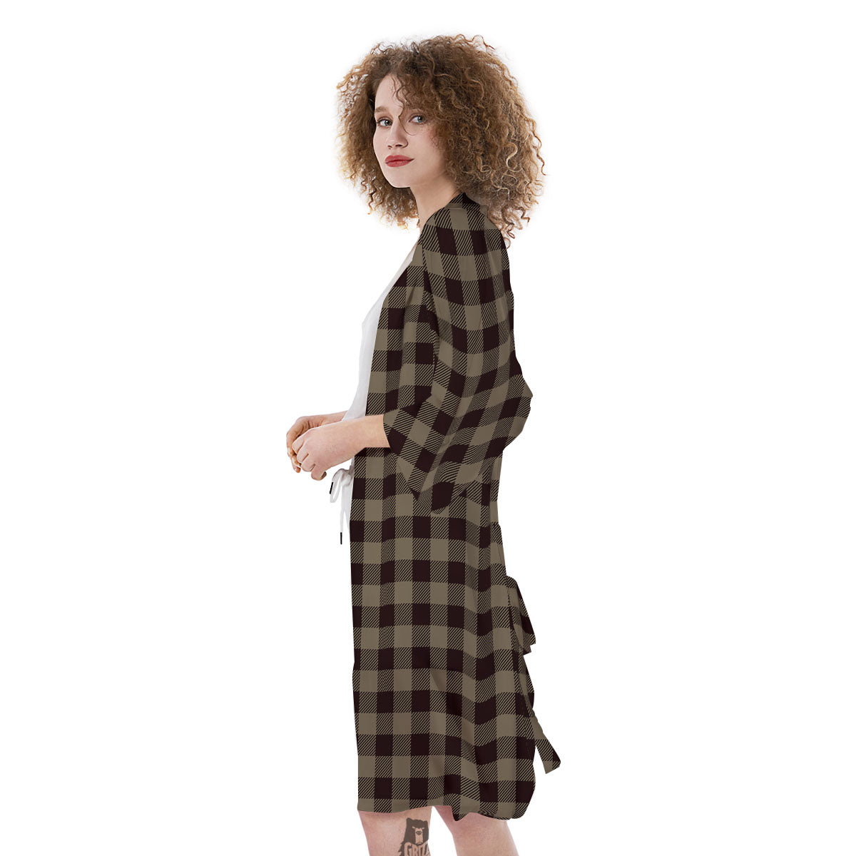 Tan Dark And Black Check Print Pattern Kimono-grizzshop