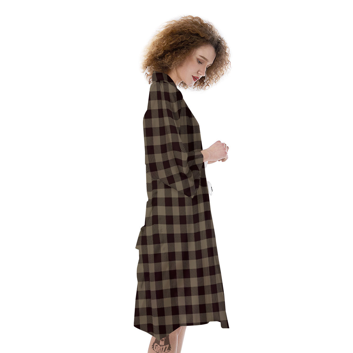 Tan Dark And Black Check Print Pattern Kimono-grizzshop