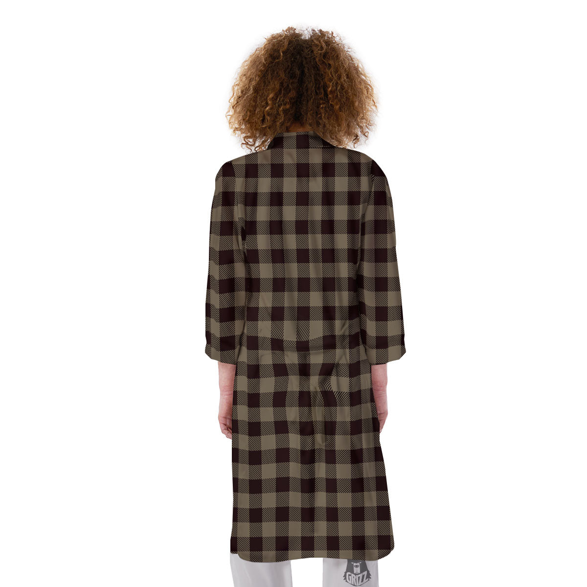 Tan Dark And Black Check Print Pattern Kimono-grizzshop