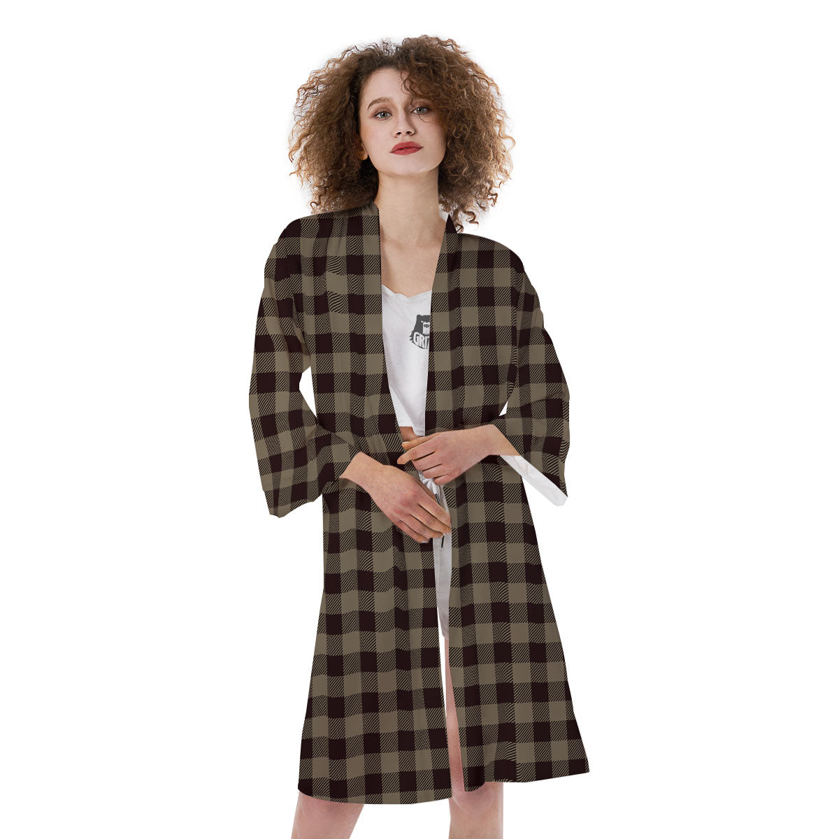 Tan Dark And Black Check Print Pattern Kimono-grizzshop
