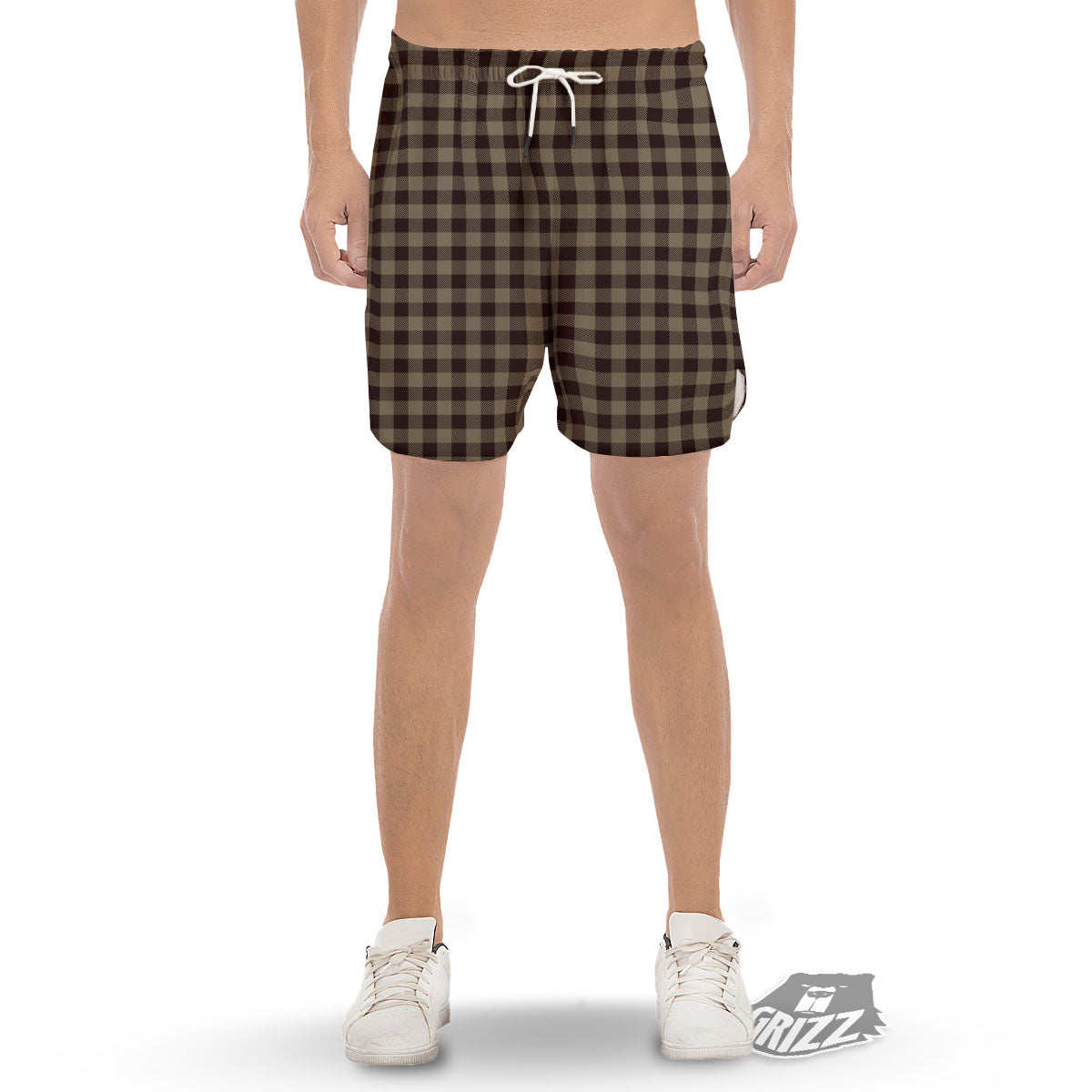 Tan Dark And Black Check Print Pattern Men's Gym Shorts-grizzshop