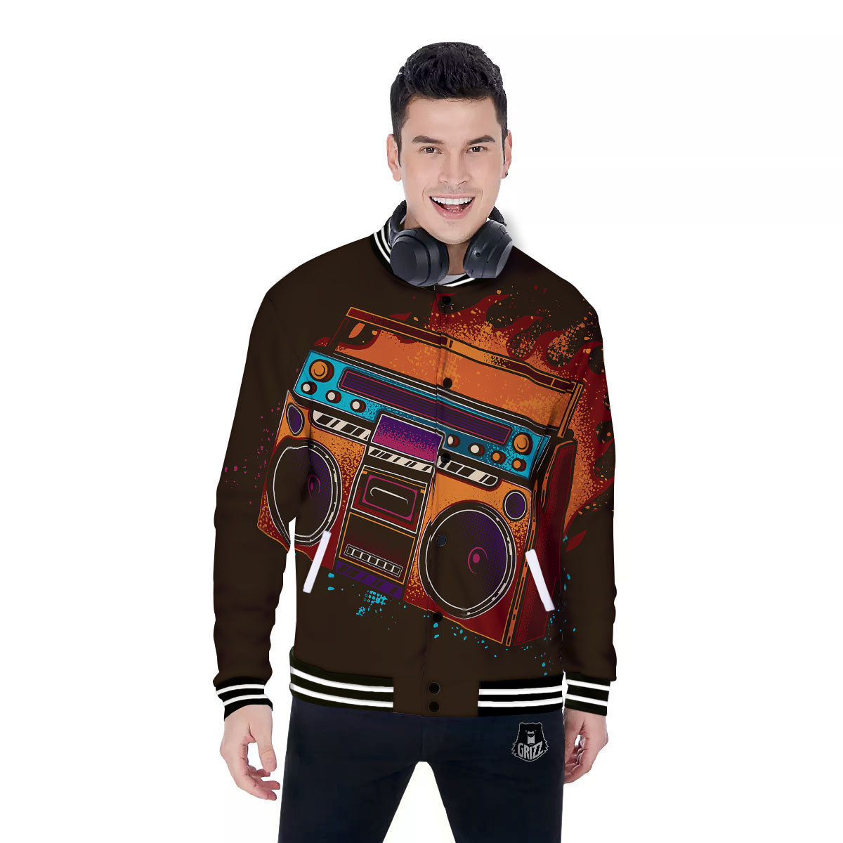 Tape Old Cassette Print Baseball Jacket-grizzshop