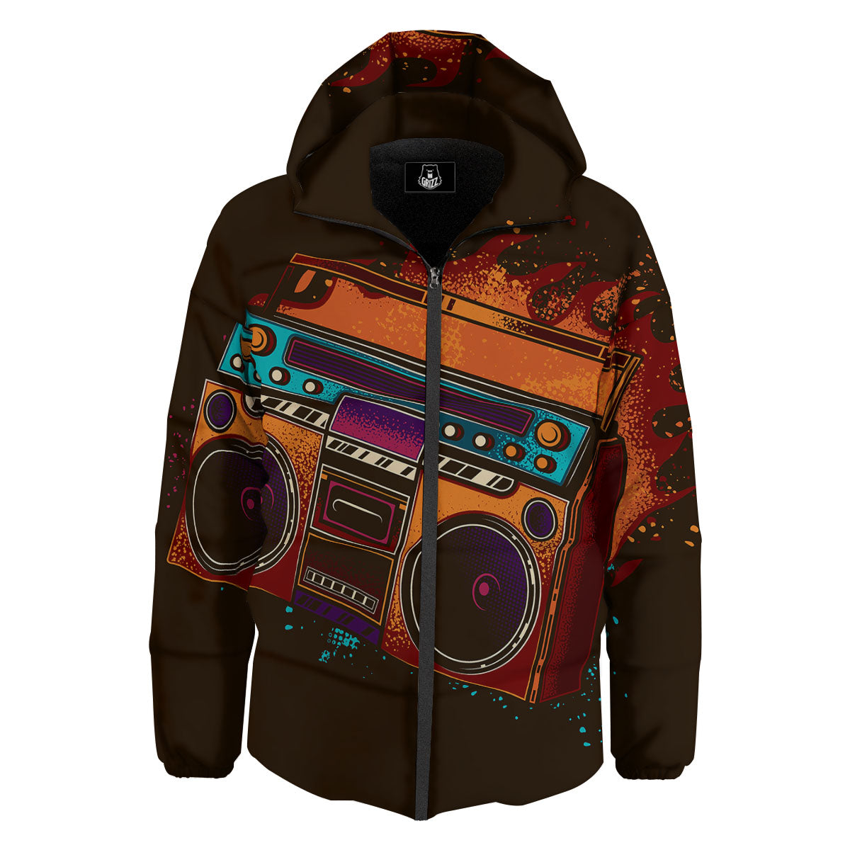 Tape Old Cassette Print Down Jacket-grizzshop