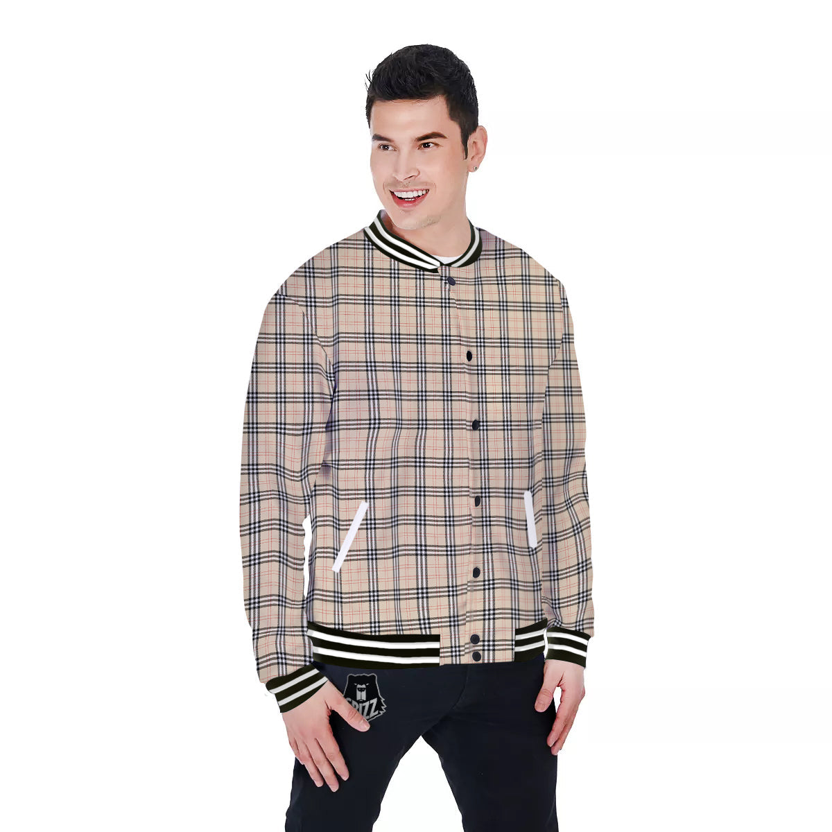 Tartan Beige Print Pattern Baseball Jacket-grizzshop