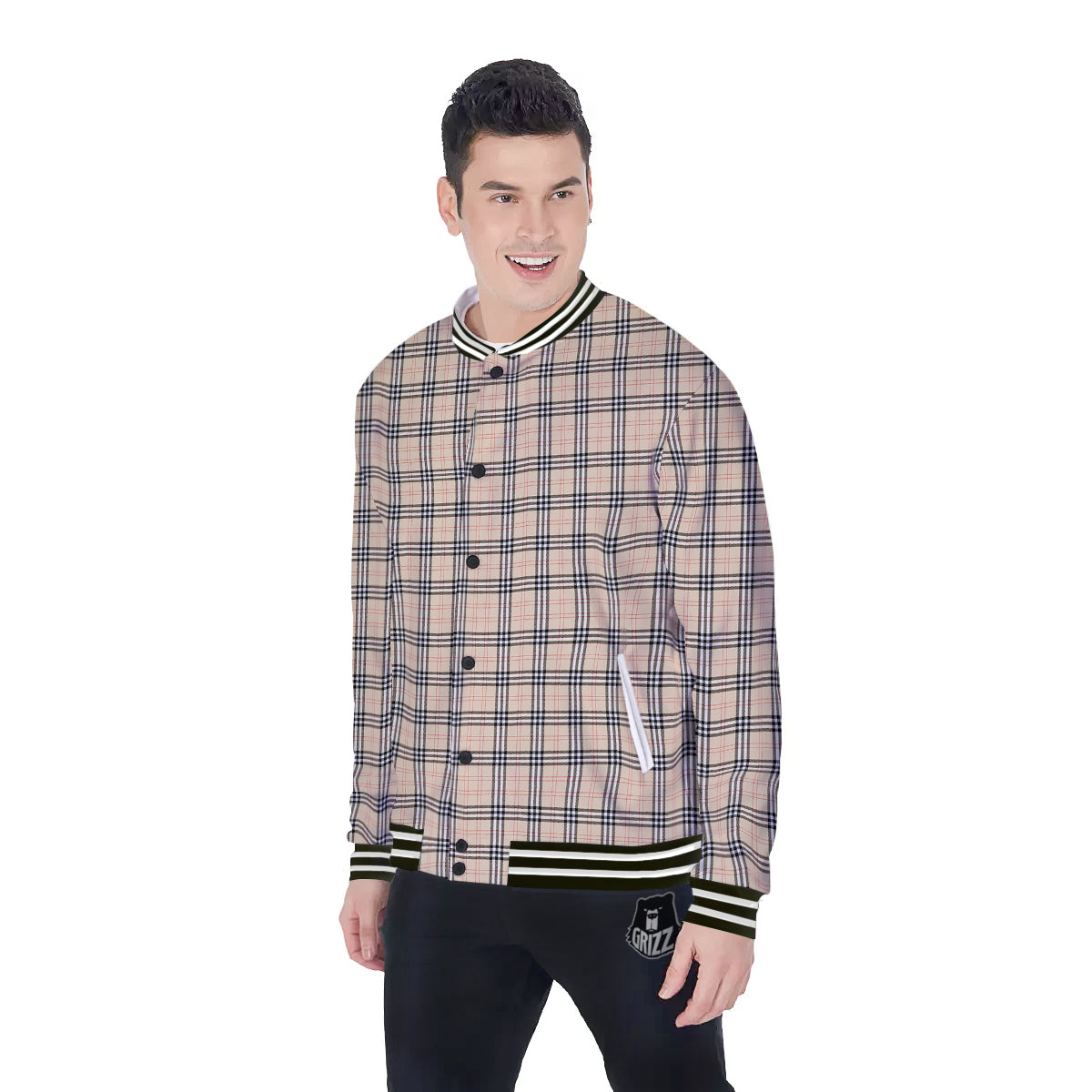 Tartan Beige Print Pattern Baseball Jacket-grizzshop