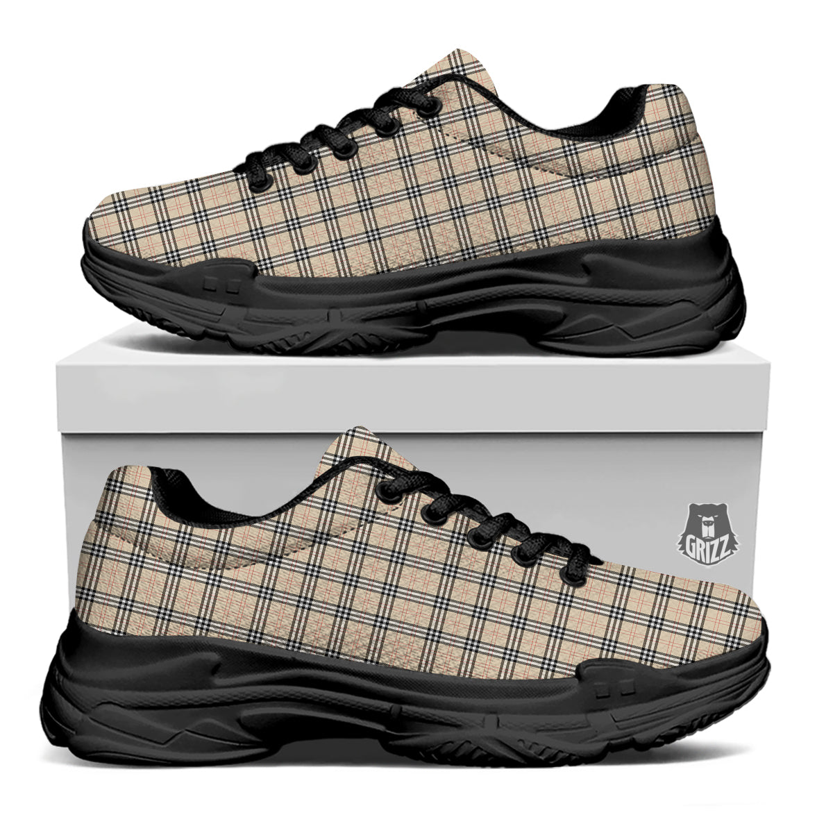 Tartan Beige Print Pattern Black Chunky Shoes-grizzshop