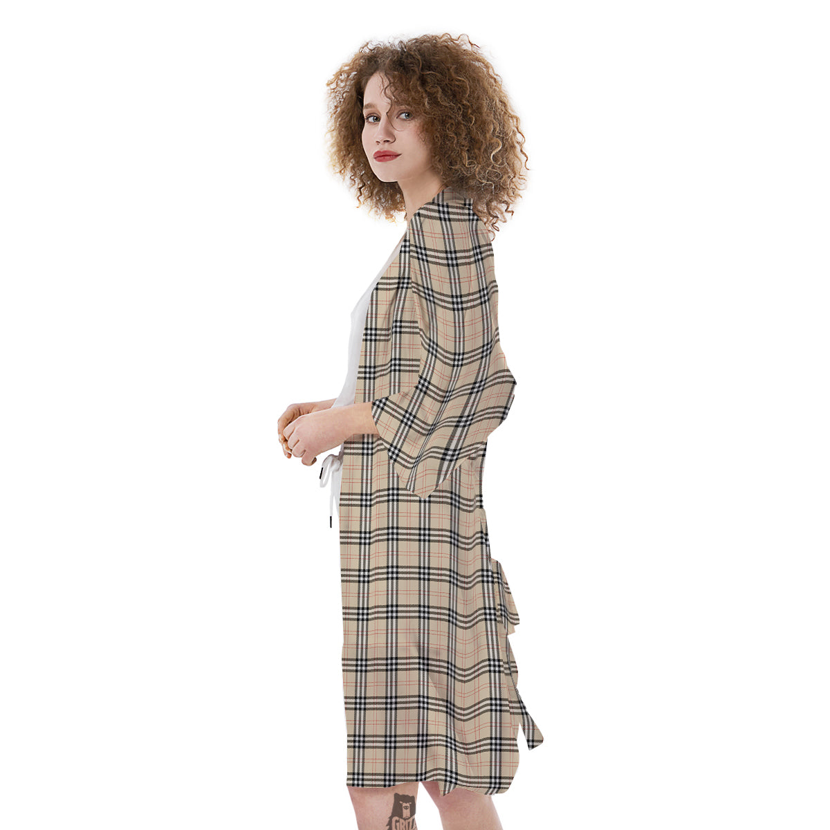 Tartan Beige Print Pattern Kimono-grizzshop