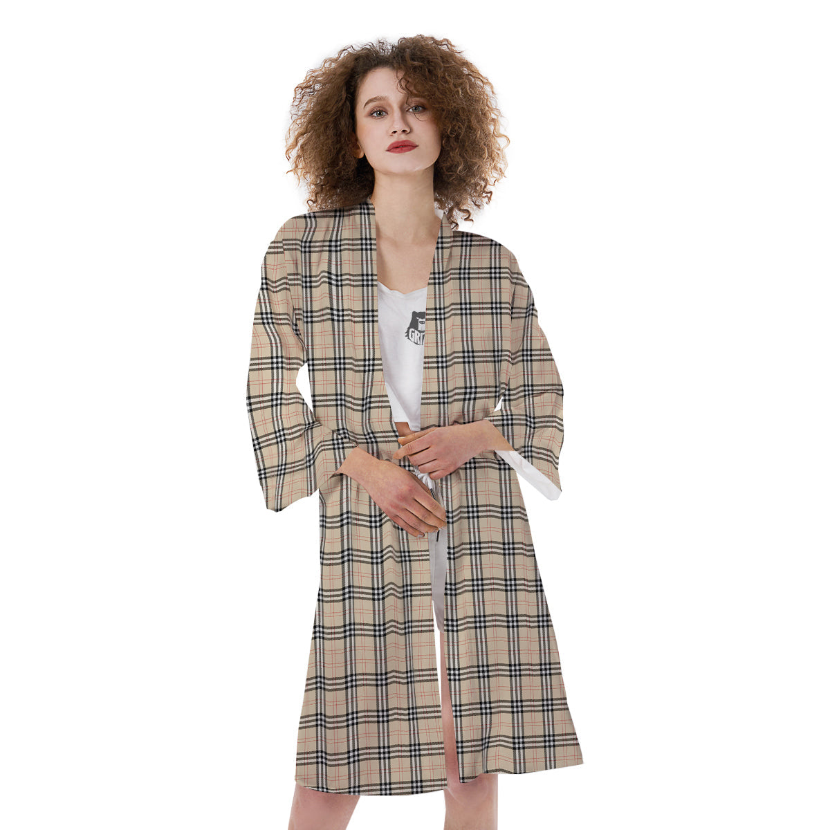 Tartan Beige Print Pattern Kimono-grizzshop