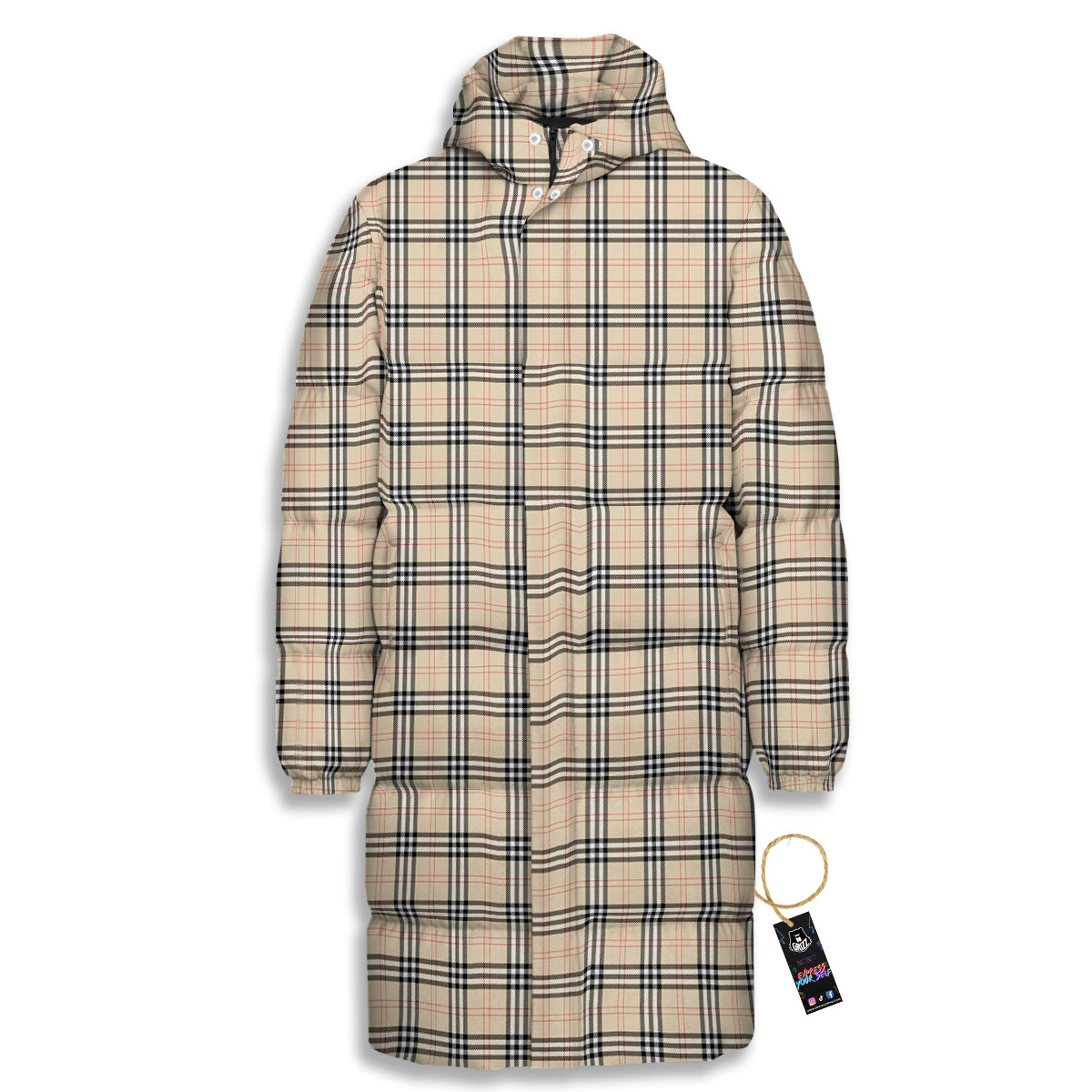 Tartan Beige Print Pattern Long Down Jacket-grizzshop