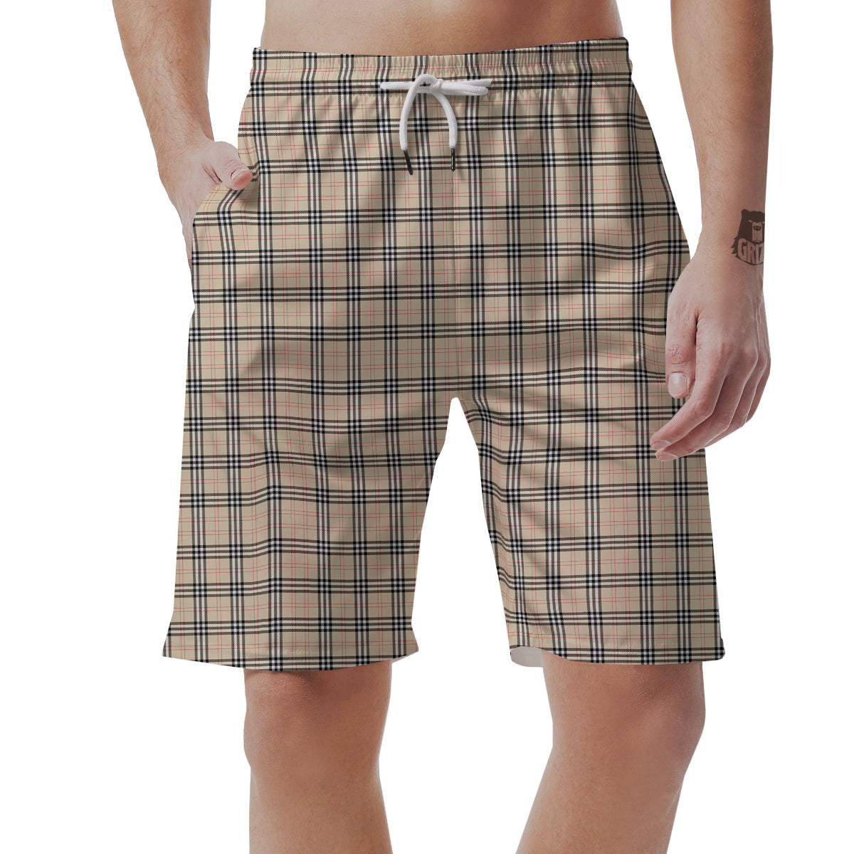Tartan Beige Print Pattern Men's Shorts-grizzshop