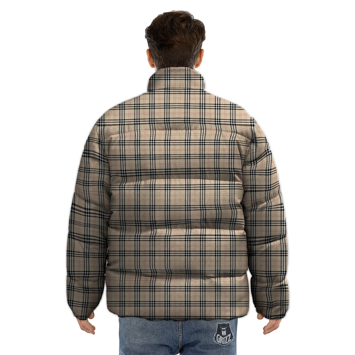 Tartan Beige Print Pattern Puffer Jacket-grizzshop