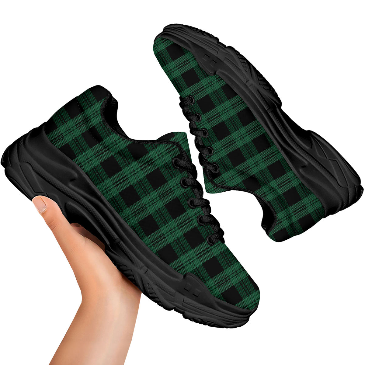 Tartan Black And Green Print Pattern Black Chunky Shoes-grizzshop