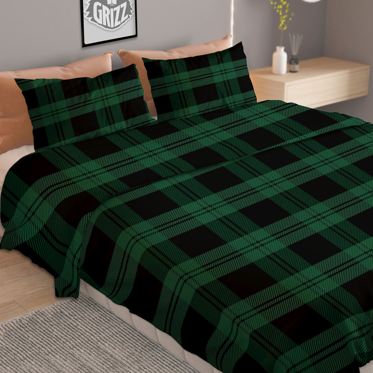 Tartan Black And Green Print Pattern Duvet Cover Bedding Set