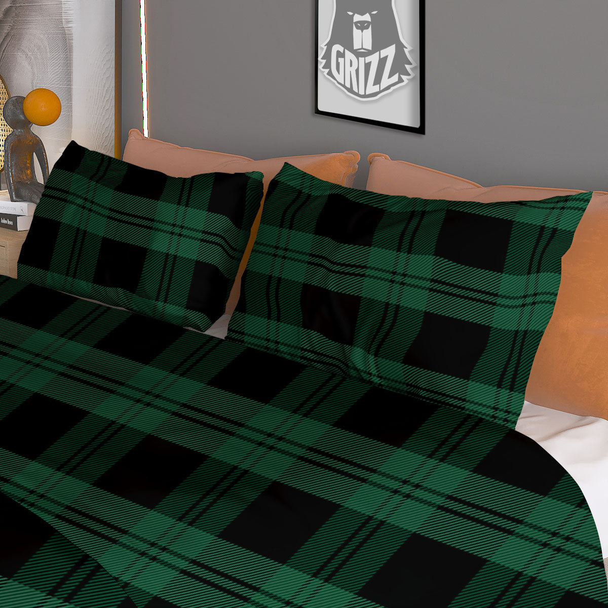 Tartan Black And Green Print Pattern Duvet Cover Bedding Set