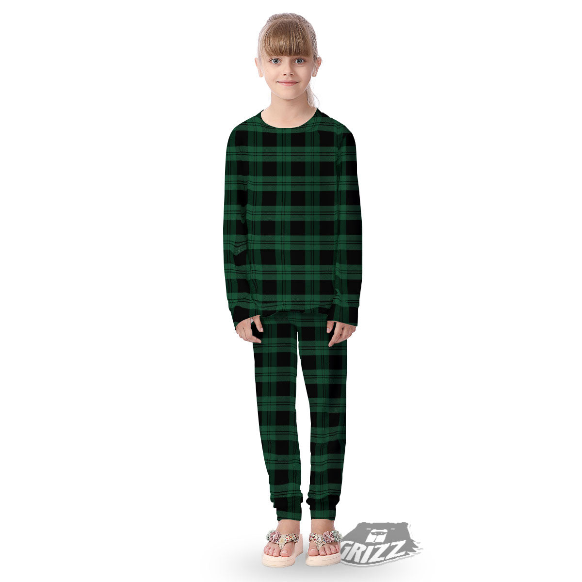 Tartan Black And Green Print Pattern Kid's Pajamas-grizzshop