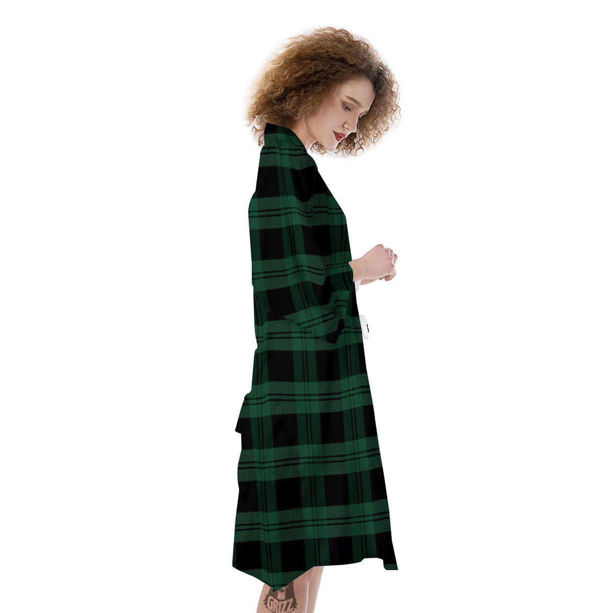 Tartan Black And Green Print Pattern Kimono-grizzshop