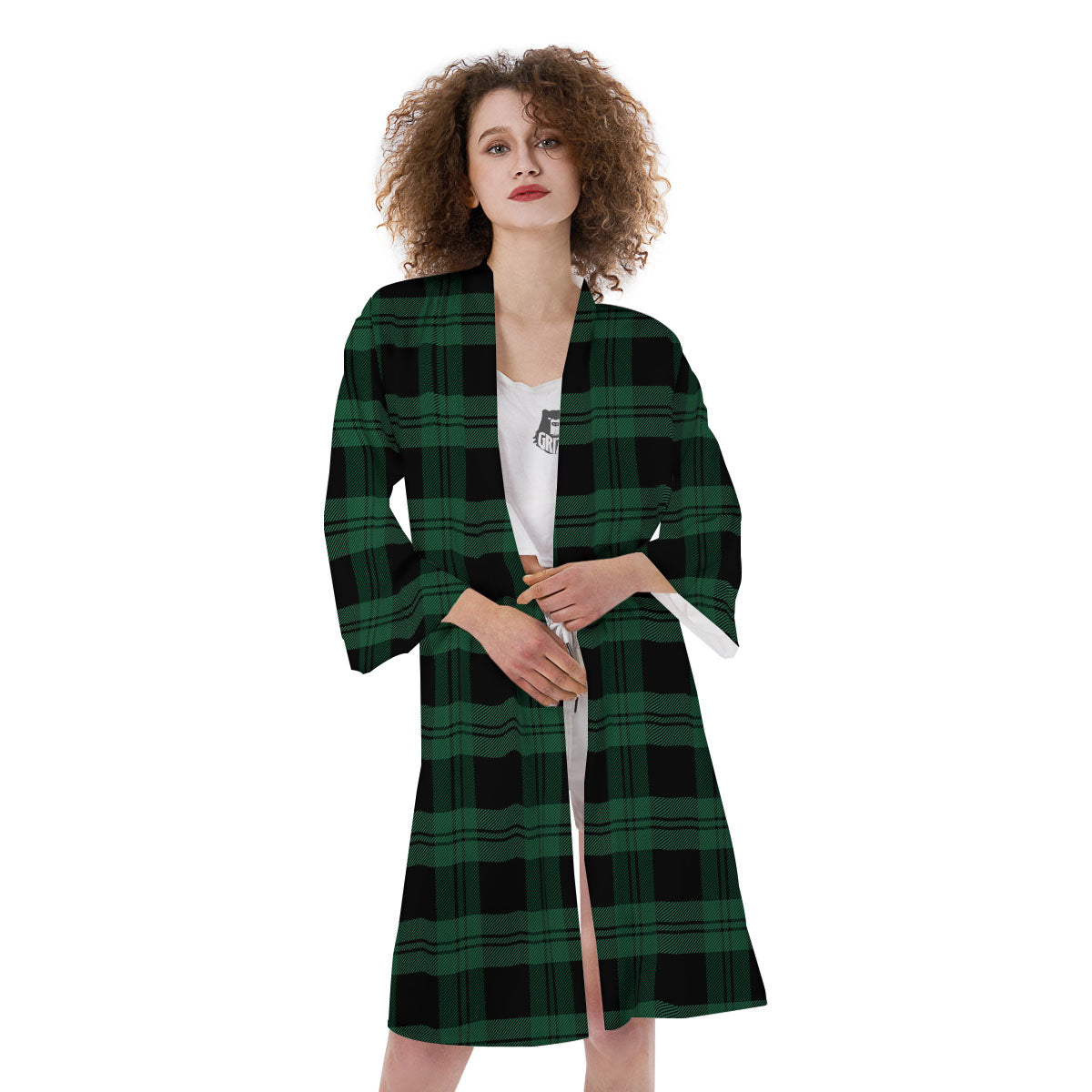 Tartan Black And Green Print Pattern Kimono-grizzshop