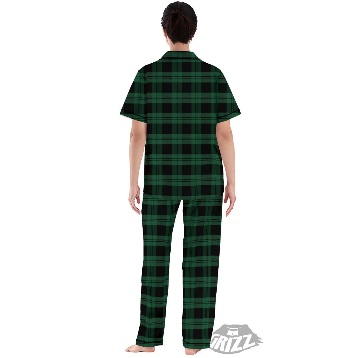 Tartan Black And Green Print Pattern Women's Pajamas Set-grizzshop