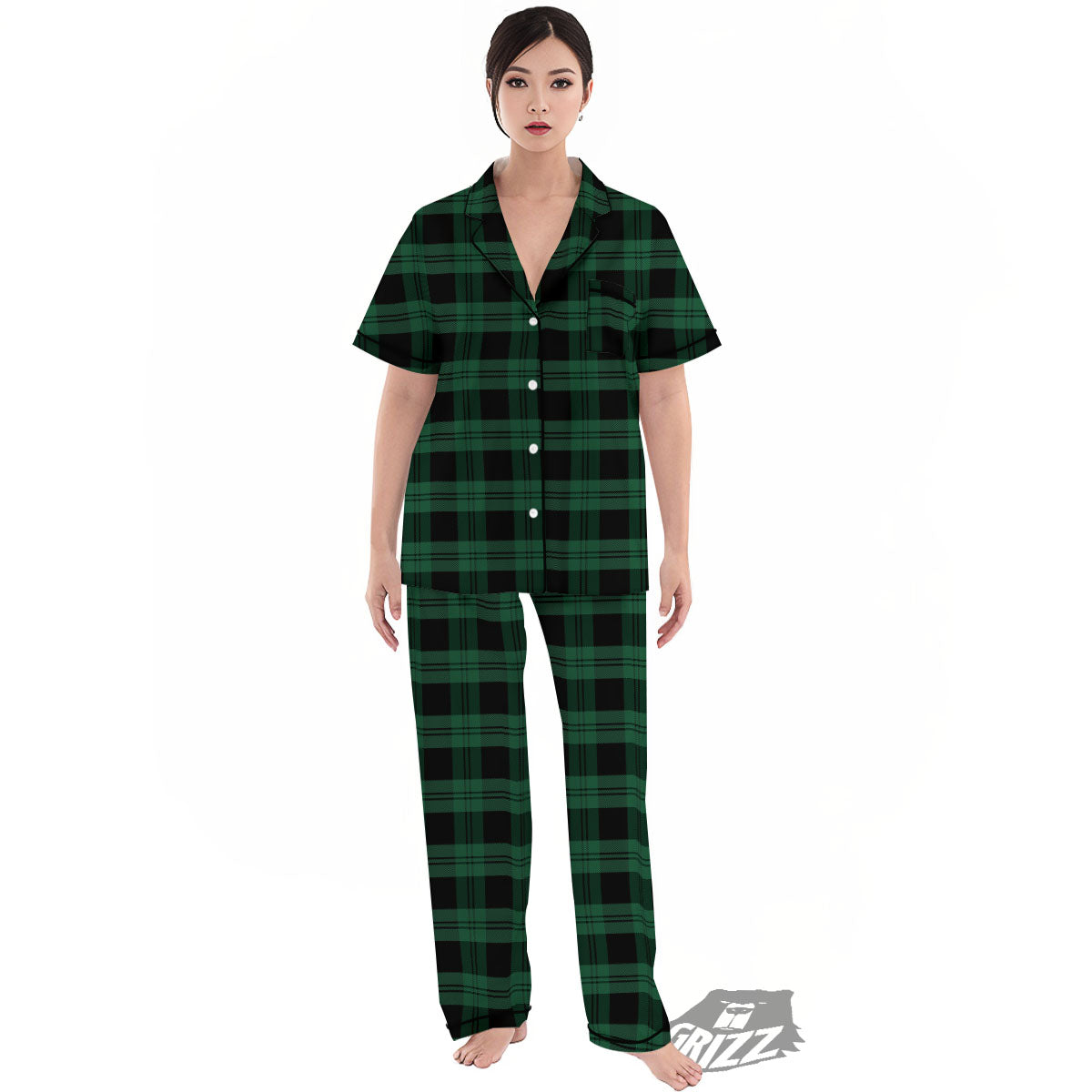 Tartan Black And Green Print Pattern Women's Pajamas Set-grizzshop